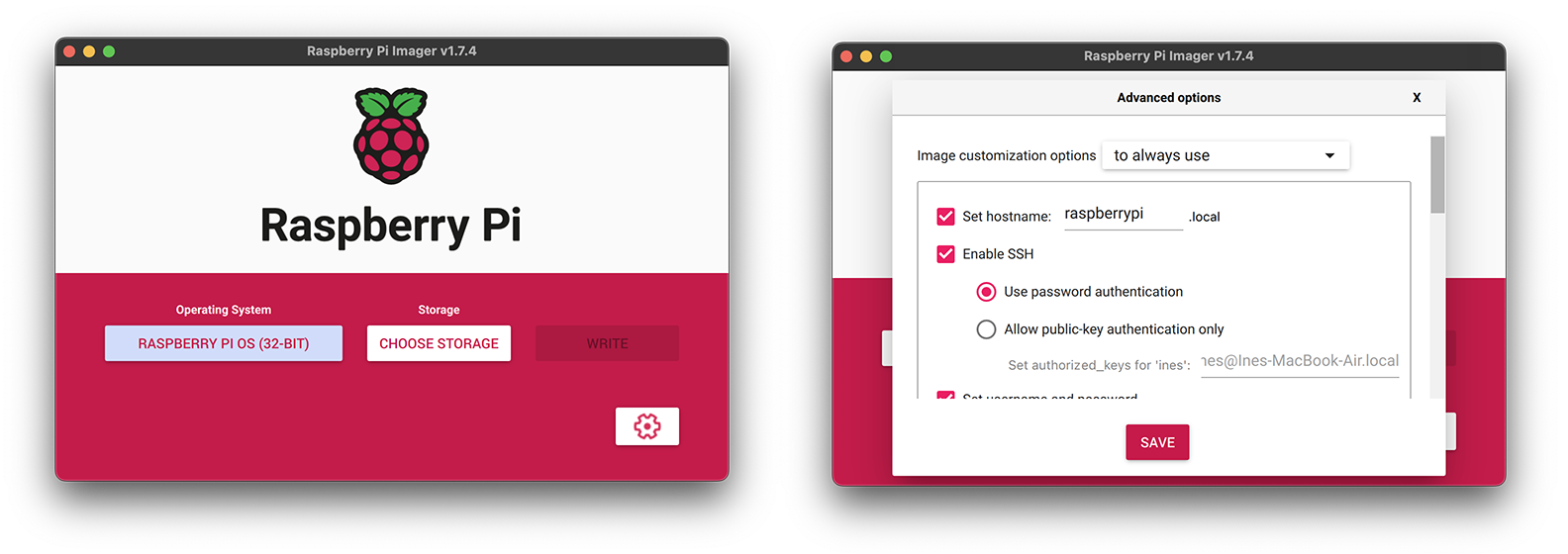 Screenshots of the Raspberry Pi Imager app