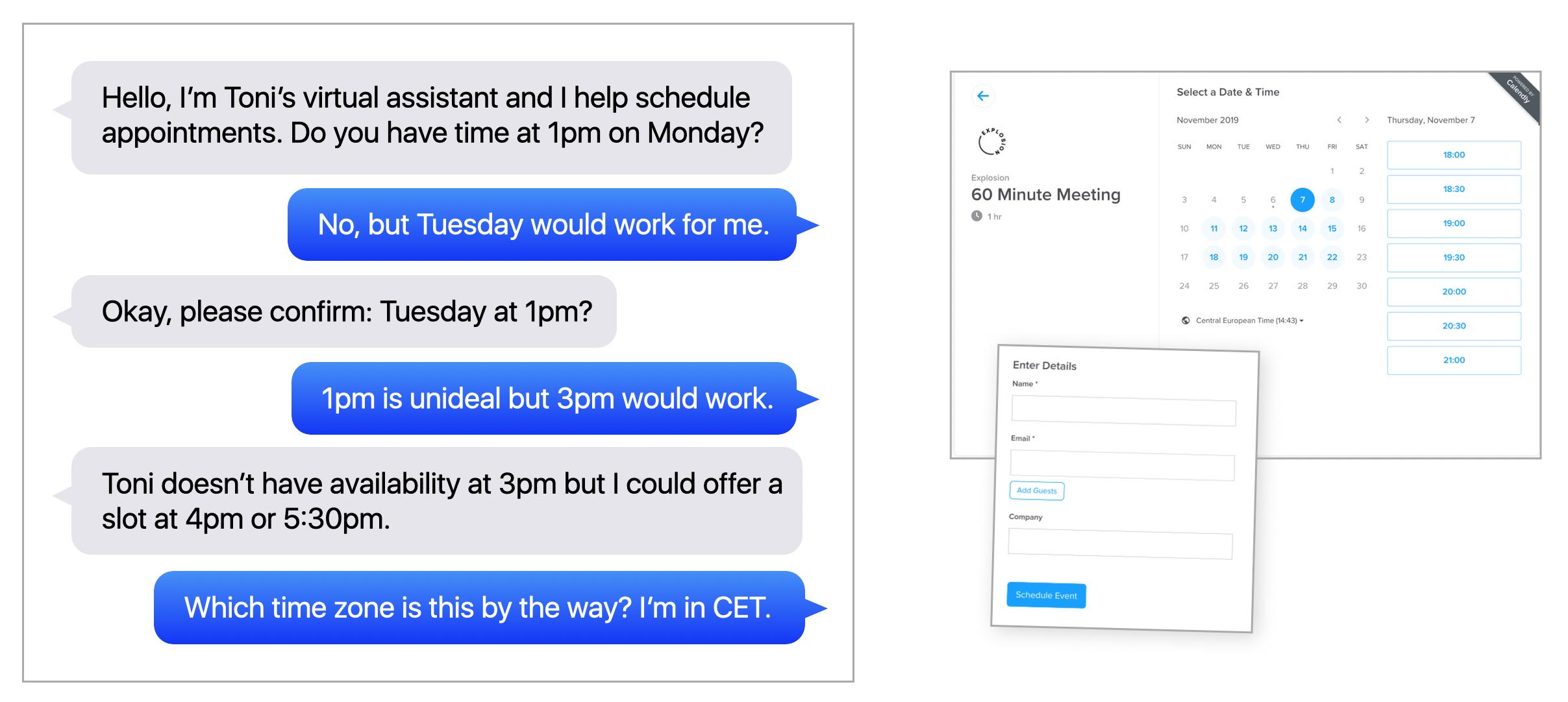 A chat bot trying to schedule a meeting vs. the Calendly app