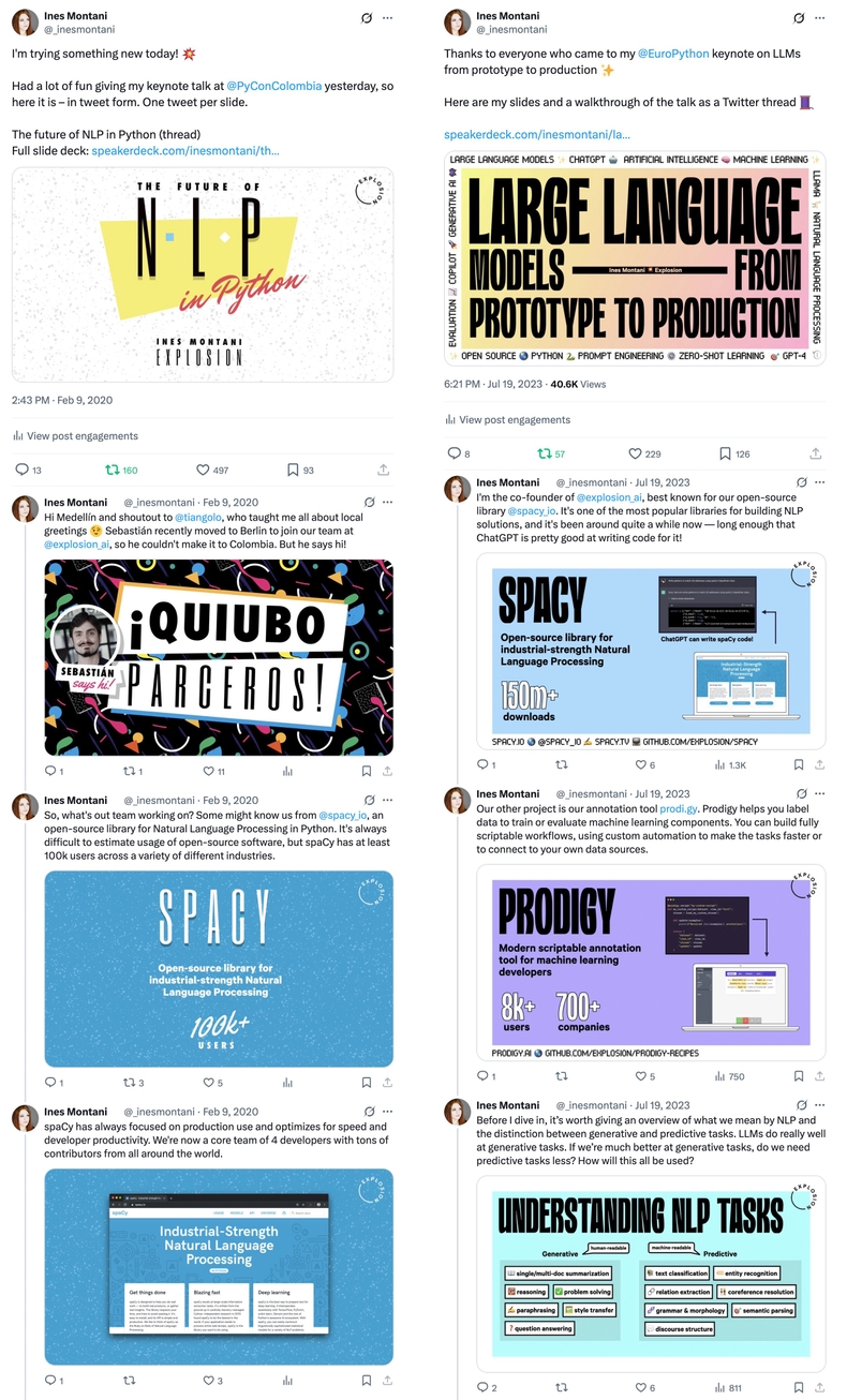 Twitter threads summarizing my talks at <a href='https://x.com/_inesmontani/status/1226501968832671744' target='_blank'>PyCon Colombia</a> and <a href='https://x.com/_inesmontani/status/1681700743693172738' target='_blank'>EuroPython</a> Screenshots of Twitter threads