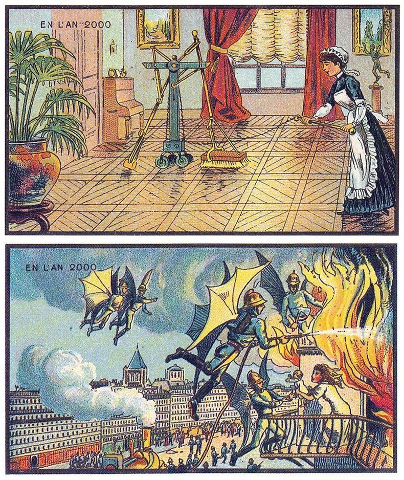 Illustration of a woman using a machine operating a broom, and a group of flying firefighters with wings rescuing people from a burning house