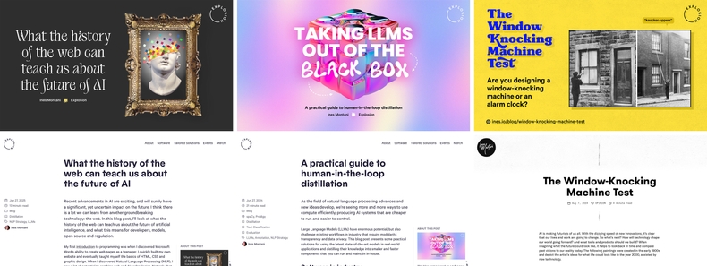 Examples of talks turned into blog posts (<a href='https://explosion.ai/blog/history-web-future-ai' target='_blank'>#1</a>, <a href='https://explosion.ai/blog/human-in-the-loop-distillation' target='_blank'>#2</a>, <a href='https://ines.io/blog/window-knocking-machine-test/' target='_blank'>#3</a>) Screenshots of talks and their corresponding blog posts