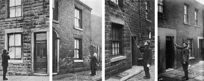 Old photographs of knocker-uppers in front of buildings, using a long stick to knock on the windows