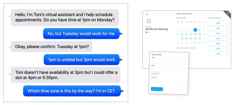 A chat bot trying to schedule a meeting vs. the Calendly app