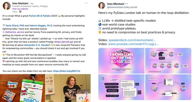<a href='https://www.linkedin.com/posts/inesmontani_its-a-wrap-what-a-great-pyconde-pydata-activity-7188936519850622976-k7XP/' target='_blank'>Event roundup</a> on LinkedIn and <a href='https://bsky.app/profile/inesmontani.bsky.social/post/3kvnwrgy2s62p' target='_blank'>talk summary</a> on Bluesky Screenshots of LinkedIn and Bluesky posts