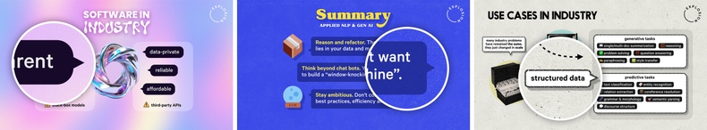 Examples of speech bubbles used in my slides (<a href='https://speakerdeck.com/inesmontani/taking-llms-out-of-the-black-box-a-practical-guide-to-human-in-the-loop-distillation' target='_blank'>#1</a>, <a href='https://speakerdeck.com/inesmontani/applied-nlp-in-the-age-of-generative-ai' target='_blank'>#2</a>, <a href='https://speakerdeck.com/inesmontani/the-ai-revolution-will-not-be-monopolized-how-open-source-beats-economies-of-scale-even-for-llms' target='_blank'>#3</a>) Examples of speech bubbles used in my slides
