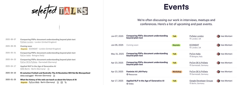 Lists of upcoming and past talks on <a href='https://ines.io/#talks' target='_blank'>ines.io</a> and <a href='https://explosion.ai/events' target='_blank'>explosion.ai</a> Screenshots of list of talks on ines.io and explosion.ai