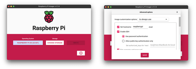 Screenshots of the Raspberry Pi Imager app