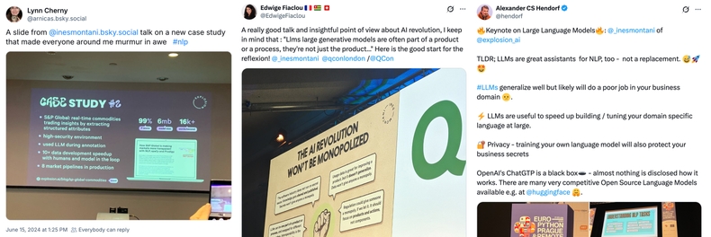 Posts by others featuring photos from my talks (<a href='https://bsky.app/profile/arnicas.bsky.social/post/3kuxjzdpnpz2o' target='_blank'>#1</a>, <a href='https://x.com/EdwigeFiaclou/status/1777359731213893859' target='_blank'>#2</a>, <a href='https://x.com/hendorf/status/1681902706204585987' target='_blank'>#3</a>) Screenshots of posts by others about my talks