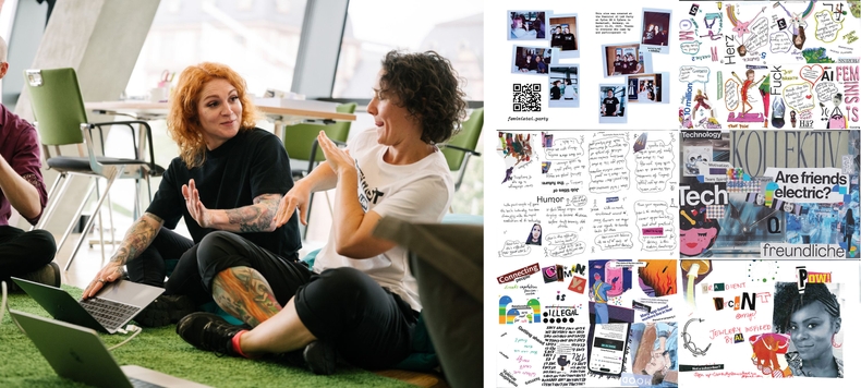 Photo of Katharine and me at the Feminist AI workshop and pages from the zine