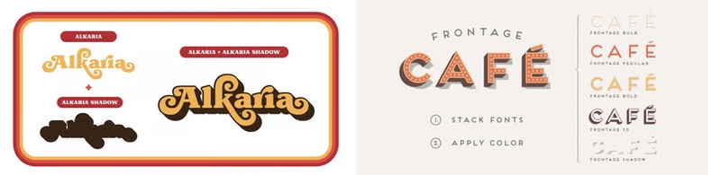 Font stacking with shadows and 3D effect (<a href='https://www.myfonts.com/collections/alkaria-font-konstantinestudio' target='_blank'>Alkaria</a>, <a href='https://www.myfonts.com/collections/frontage-font-juri-zaech' target='_blank'>Frontage</a>) Font stacking with Alkaria and Frontage