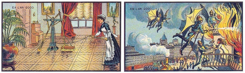 Illustration of a woman using a machine operating a broom, and a group of flying firefighters with wings rescuing people from a burning house