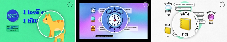 Examples of emoji as illustrations used in my slides (<a href='https://speakerdeck.com/inesmontani/applied-nlp-in-the-age-of-generative-ai' target='_blank'>#1</a>, <a href='https://speakerdeck.com/inesmontani/kunstliche-intelligenz-technologie-der-zukunft-und-warum-open-source-die-karten-neu-mischt' target='_blank'>#2</a>, <a href='https://speakerdeck.com/honnibal/practical-tips-for-bootstrapping-information-extraction-pipelines' target='_blank'>#3</a>) Examples of emoji used in my slides