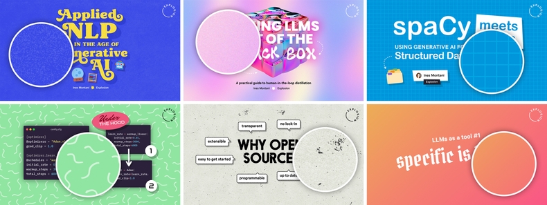 Examples of textures, gradients and patterns used in my slides (<a href='https://speakerdeck.com/inesmontani/applied-nlp-in-the-age-of-generative-ai' target='_blank'>#1</a>, <a href='https://speakerdeck.com/inesmontani/taking-llms-out-of-the-black-box-a-practical-guide-to-human-in-the-loop-distillation' target='_blank'>#2</a>, <a href='https://speakerdeck.com/inesmontani/spacy-meets-llms-using-generative-ai-for-structured-data' target='_blank'>#3</a>, <a href='https://speakerdeck.com/inesmontani/the-future-of-nlp-in-python-keynote-pycon-colombia-2020' target='_blank'>#4</a>, <a href='https://speakerdeck.com/inesmontani/the-ai-revolution-will-not-be-monopolized-how-open-source-beats-economies-of-scale-even-for-llms' target='_blank'>#5</a>, <a href='https://speakerdeck.com/inesmontani/incorporating-llms-into-practical-nlp-workflows' target='_blank'>#6</a>) Examples of textures, gradients and patterns used in my slides