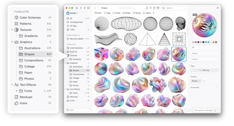 My design asset library and custom folders in <a href='https://eagle.cool' target='_blank'>Eagle</a> (I clearly had a lot of fun organizing my files!) slides elements eagle